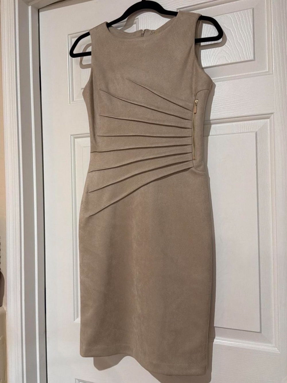 Calvin Klein Sleeveless Beige Sheath Dress with Pleated Side Detail